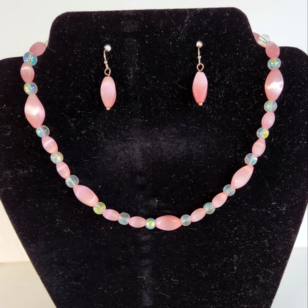 Hand Crafted Necklace and Pierced Pink Cat's Eye Iridescent Beads 15.5
